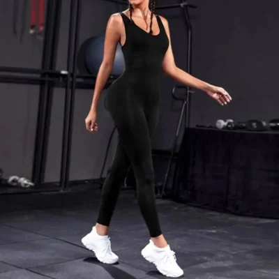 Solid Sleeveless Backless Low Neck High Waist Bodycon Jumpsuits For Women Casual Rompers Activity Jogger Suits Backless Bodysuit 5