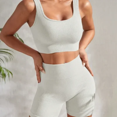 Seamless Ribbed Yoga Sets Workout Sets for Women 2 Pieces Gym Suits Ribbed Crop Tank High Waist Shorts Outfits Fitness Running 3