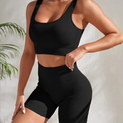 Seamless Ribbed Yoga Sets Workout Sets for Women 2 Pieces Gym Suits Ribbed Crop Tank High Waist Shorts Outfits Fitness Running 5