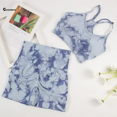 CHRLEISURE Tie Dye Yoga Set Women Seamless Sports Suit Cycling Shorts with Running Bra Gym Tracksuit Elastic Fitness Outfit 4