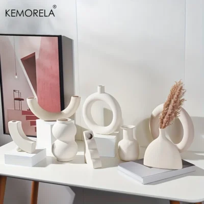 Nordic Ceramic Vase Circular Hollow Donuts Flower Pot Home Living Room Decoration Accessories Interior Office Desktop Decor Gift 6