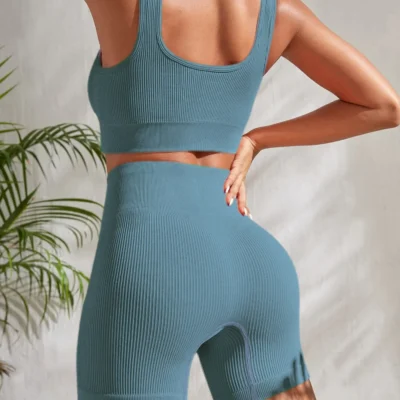 Seamless Ribbed Yoga Sets Workout Sets for Women 2 Pieces Gym Suits Ribbed Crop Tank High Waist Shorts Outfits Fitness Running 2
