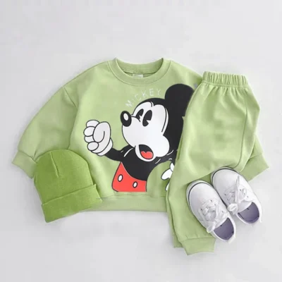 Mickey Mouse Print Tops Loose Trousers Infant Boys Spring New Style Cute Hoodies 2 Piece/set Baby Unisex Costume Green Tracksuit 2