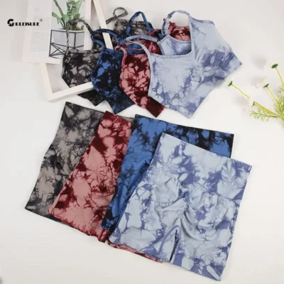 CHRLEISURE Tie Dye Yoga Set Women Seamless Sports Suit Cycling Shorts with Running Bra Gym Tracksuit Elastic Fitness Outfit 5