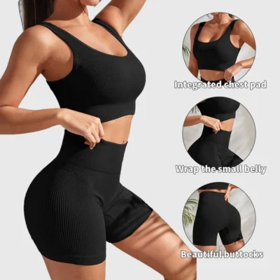 Seamless Ribbed Yoga Sets Workout Sets for Women 2 Pieces Gym Suits Ribbed Crop Tank High Waist Shorts Outfits Fitness Running 6