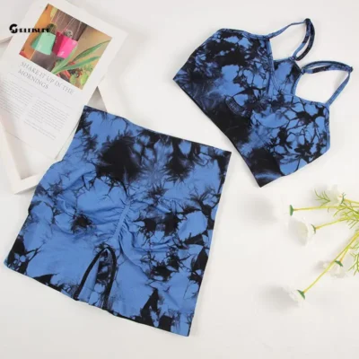 CHRLEISURE Tie Dye Yoga Set Women Seamless Sports Suit Cycling Shorts with Running Bra Gym Tracksuit Elastic Fitness Outfit 1
