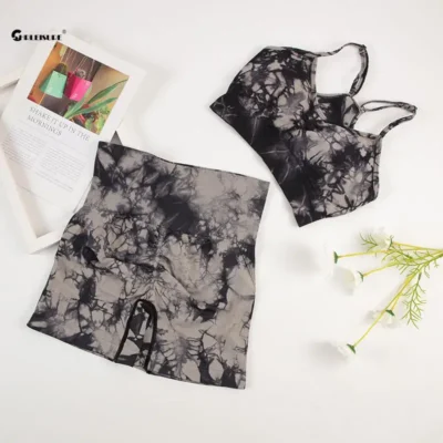 CHRLEISURE Tie Dye Yoga Set Women Seamless Sports Suit Cycling Shorts with Running Bra Gym Tracksuit Elastic Fitness Outfit 3