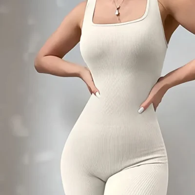 Women's 2-Piece Yoga Jumpsuit Exercise Ribbed Square Collar Sleeveless Vest Sports Jumpsuit 3