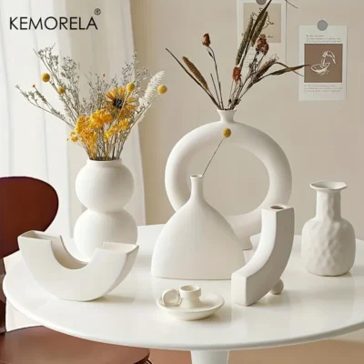 Nordic Ceramic Vase Circular Hollow Donuts Flower Pot Home Living Room Decoration Accessories Interior Office Desktop Decor Gift 1