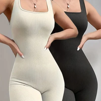 Women's 2-Piece Yoga Jumpsuit Exercise Ribbed Square Collar Sleeveless Vest Sports Jumpsuit 2