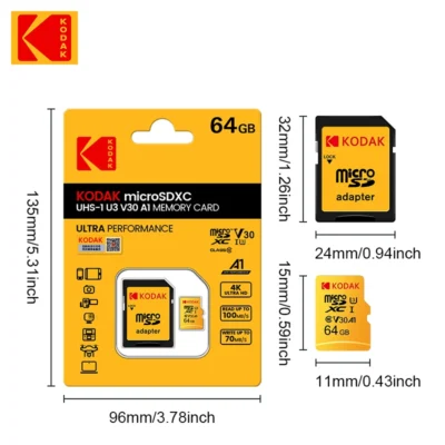 Original KODAK 32GB 64GB 128GB 256GB Memory Card 64GB U3 4K Micro TF SD Card 64G SDHC Mini microsd UHS-I C10 TF Trans Flash card 3