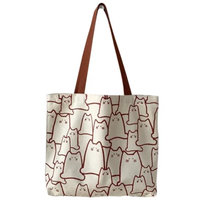 Canvas Bags Handbag for Women Shopper Cute Cat Tote Bag with Zipper Designer Bag Japanese Style Cartoon Small Shoulder 4