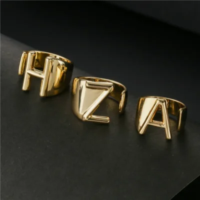 Hollow A-Z Letter Gold Color Metal Adjustable Opening Ring Initials Name Alphabet Female Party Chunky Wide Trendy Jewelry 3