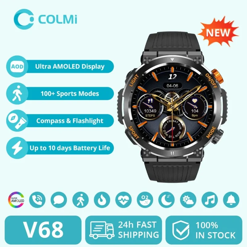 [2023] COLMI V68 1.43'' AMOLED Display Smartwatch 100 Sports Modes Compass Flashlight Men Military Grade Toughness Smart Watch 1
