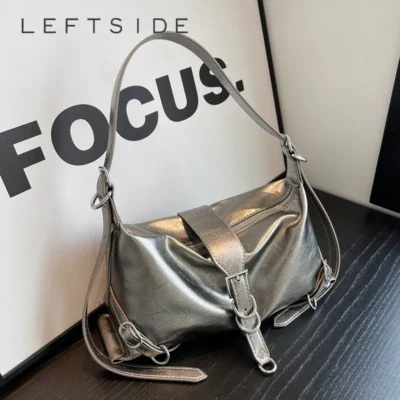LEFTSIDE Silver Leather Crossbody Bags for Women Luxury 2023 Y2k Korean Fashion Underarm Shoulder Bag Female Armpit Bag Handbags 1