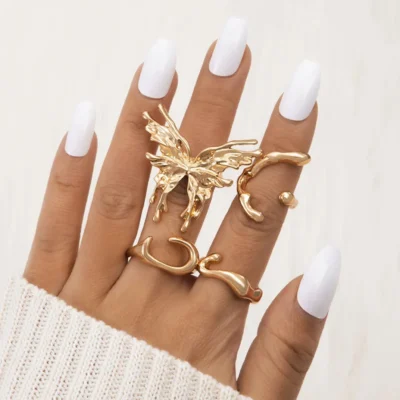 Punk Silver Color Liquid Butterfly Rings Set For Women Fashion Irregular Wave Metal Knuckle Rings Aesthetic Egirl Gothic Jewelry 2
