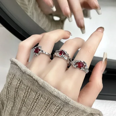 Irregular Gemstone Ring Aesthetic Girl Hollow Red Stone Ring Women's Liquid Hollow Ring Vintage Jewelry Accessories 1
