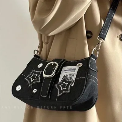Y2k Fashion Women's Handbags Stars Pattern Cool Girls Underarm Bag Fashion Canvas Female Small Shoulder Bags Chain Tote Purses 4
