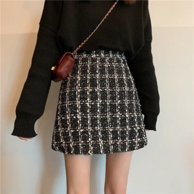 Fall Winter Plaid Wool Skirt Womens Plus Size Thick Woolen Glitter Mini Tweed Skirt Saia Feminina 2