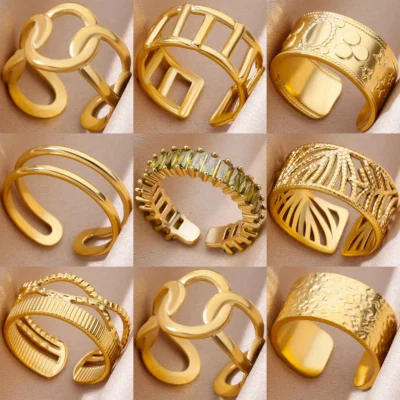 Stainless Steel Rings for Women Gold Color Couple Jewelry Aesthetic Accessorie Adjustable Punk Embossed Hollow Wide Ring 1