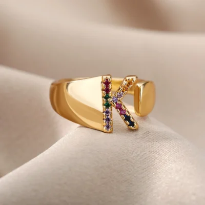Rainbow Zircon Letter Rings For Women Fashion Chunky Wide Letter A-Z Stainless Steel Ring Wedding Boho Jewelry free shipping 4