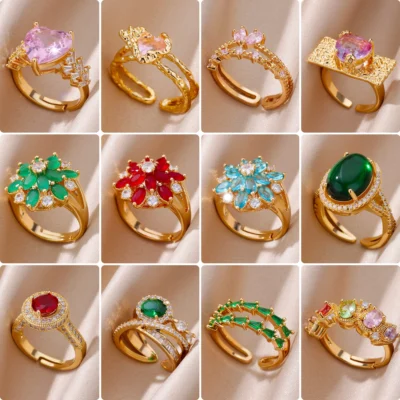 Zircon Flower Ring For Women Gold Color Adjustable Stainless Steel Flower Rings Wedding Aesthetic Jewelry Gift inoxidable anillo 1