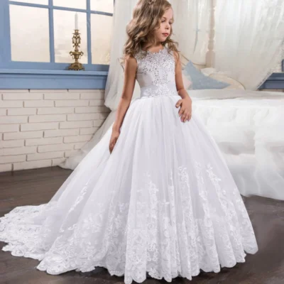 Girl Weddings Party Prom Tailing Dresses for 12 to 14 Years Flower Elegant Teenage Bridesmaid White Dress Children Birthday Gown 2