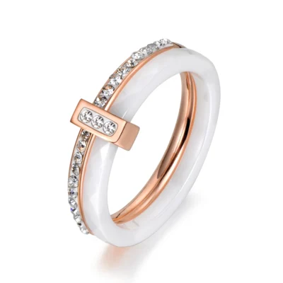 2 Layers Black/White Ceramic Crystal Wedding Rings Jewelry Rose Gold Plated Stainless Steel Rhinestone Engagement 1