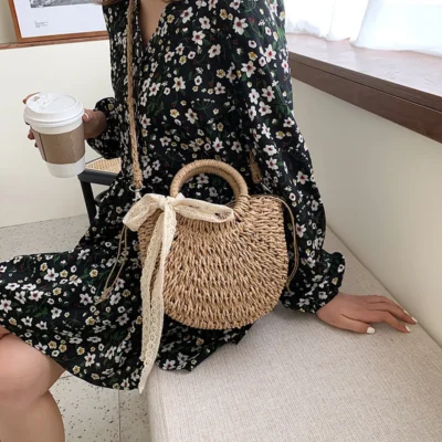 Straw Bag Women Hand-Woven Handbag Moon Shape Lace Bow Rattan Bag Big Capacity Drawstring Casual Beach Shoulder Crossbody Bag 5