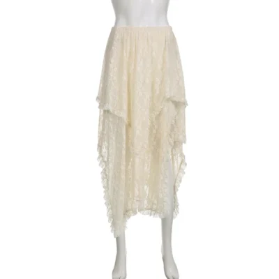 Y2K Beige Fairycore Boho Asymmetrical Lace Trim Midi Skirts Womens Low Waist A Line Vintage Summer Harajuku Holiday Outfits New 5