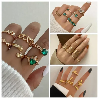 Vintage Crystal Ring Sets for Women Aesthetic Geometric Luxury Lady Jewelry Gift 2023 Fashion Pearl Rings 5pcs/6pcs/10pcs 6