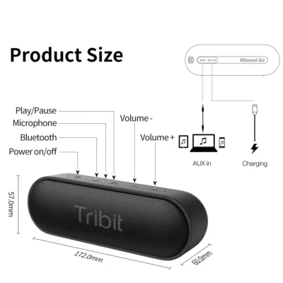 Tribit XSound Go Portable Bluetooth Speaker IPX7 Waterproof Better Bass 24-Hour Playtime For Party Camping Speakers Type-C AUX 6