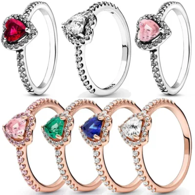 925 Sterling Silver Ring Elevated Red Heart With Colorful Crystal Rings For Women Valentine's Birthday Gift DIY Jewelry 1