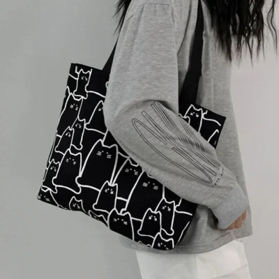 Canvas Bags Handbag for Women Shopper Cute Cat Tote Bag with Zipper Designer Bag Japanese Style Cartoon Small Shoulder 6