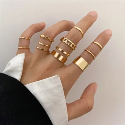 Modyle 10 pcs/set Bohemian Ring Set Gold Silver Color Wide Rings For Women Girls Simple Chain Finger Tail Rings 2