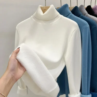 Thicken Velvet Turtleneck Sweater Women Korean Fashion Lined Warm Sueter Knitted Pullover Slim Top Winter Jersey Knitwear Jumper 3