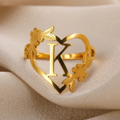 Stainless Steel Initials Flower Heart Rings Gold Color Adjustable Delicate Letter Leaf Rings For Women Girl Alphabet Jewelry 1