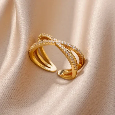 Fashion Gold Color Stainless Steel Rings For Women Chain Hollow Out Crystal Zircon Finger Ring Jewelry 2023 Gift anillos mujer 3