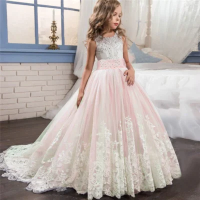 Girl Weddings Party Prom Tailing Dresses for 12 to 14 Years Flower Elegant Teenage Bridesmaid White Dress Children Birthday Gown 4