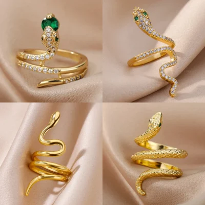 Stainless Steel Snake Rings For Women Men Gold Color Open Adjustable Zircon Ring Vintage Gothic Aesthetic Jewelry anillos mujer 1