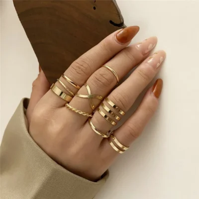 Modyle 10 pcs/set Bohemian Ring Set Gold Silver Color Wide Rings For Women Girls Simple Chain Finger Tail Rings 5