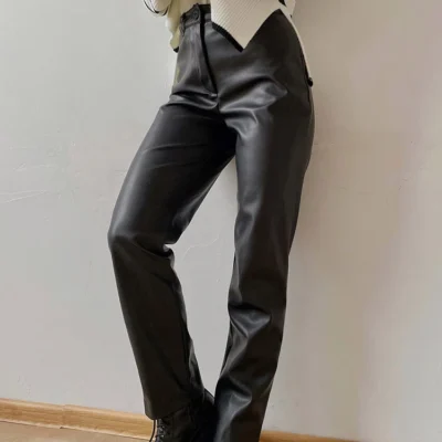Winter Women's Leather Pants Black Slim Zipper Classic Leather Trousers Pencil Beige Tight Pu Faux Leather Pants for Women 2023 5
