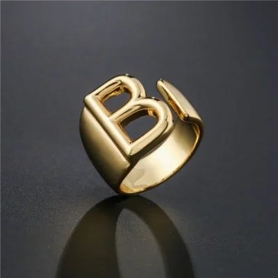 Hollow A-Z Letter Gold Color Metal Adjustable Opening Ring Initials Name Alphabet Female Party Chunky Wide Trendy Jewelry 1