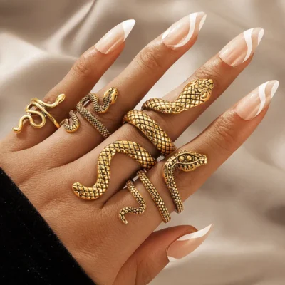 HNSP Vintage Long Snake Ring Set For Women Gothic Black Gold Silver Color Adjustable Finger Jewelry Accessories Female Gift 1