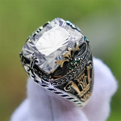 Retro Handmade Turkish Signet Rings for Men Ancient Silver Color Carved Ring Mystic Zircon Inlay New Punk Motor Biker Ring 5