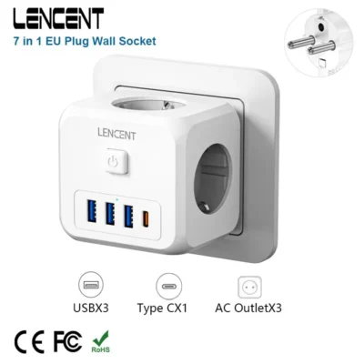 LENCENT Wall Socket Extender with 3 AC Outlets 3 USB Ports And1 Type C 7-in-1 EU Plug Charger On/Off Switch for Home 1