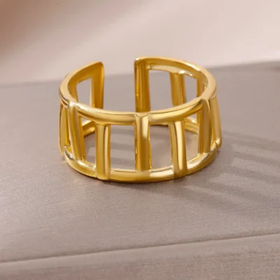 Stainless Steel Rings for Women Gold Color Couple Jewelry Aesthetic Accessorie Adjustable Punk Embossed Hollow Wide Ring 5