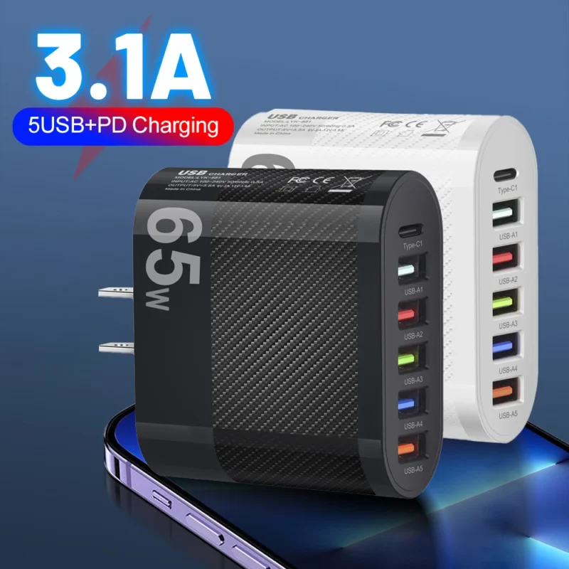 3.1A 5Ports USB Charger PD Charging Adapter For Xiaomi iPhone 13 Samsung Mobile Phone Plug Charging QC 3.0 Wall Charger 1