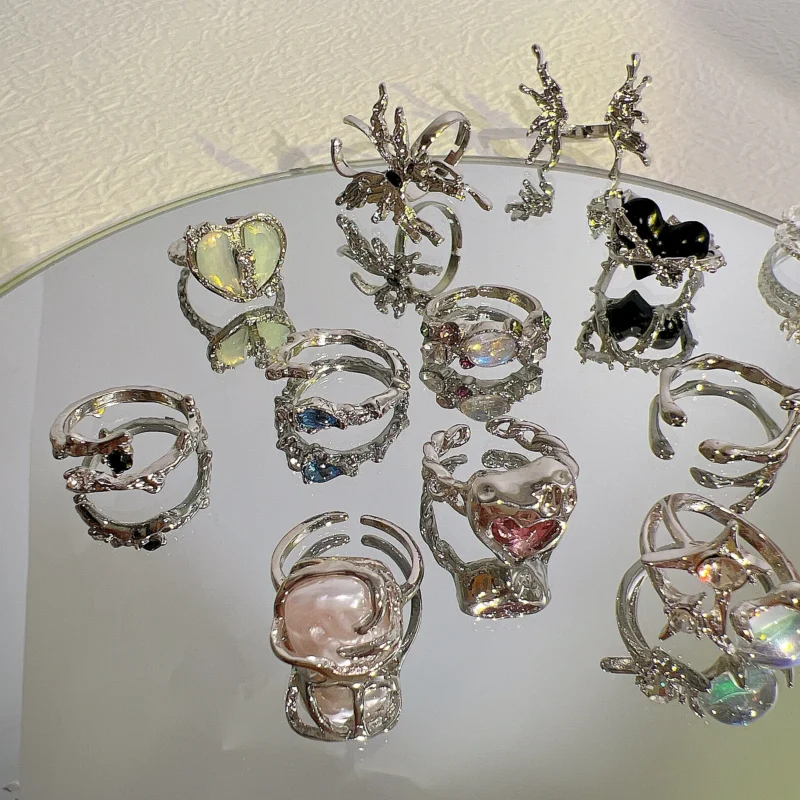 17KM Y2K Crystal Rings Kpop Heart Adjustable Ring Irregular Geometry Punk Vintage Rings Set for Women Girls New Fashion Jewelry 1