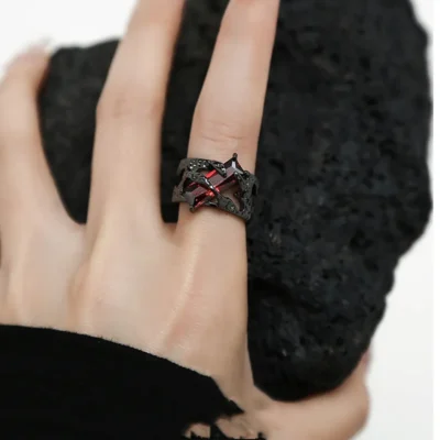 2023 New Punk Black Rings Thorns Vine Twine Red Rhinestones Hollow Unsex Couple Finger Ring Women Men Jewelry Gift 1